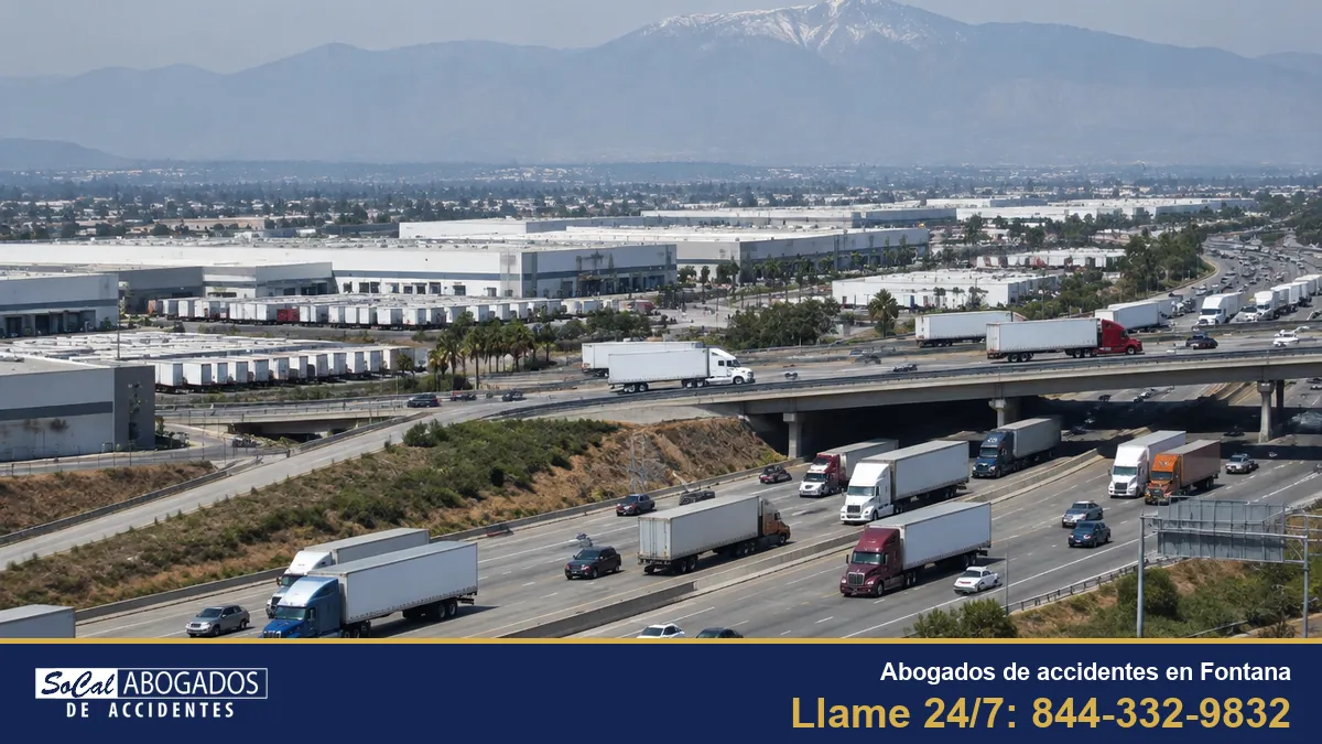 Abogados de accidentes en Fontana: tráileres en un freeway de Fontana, con las montañas de San Bernardino al fondo