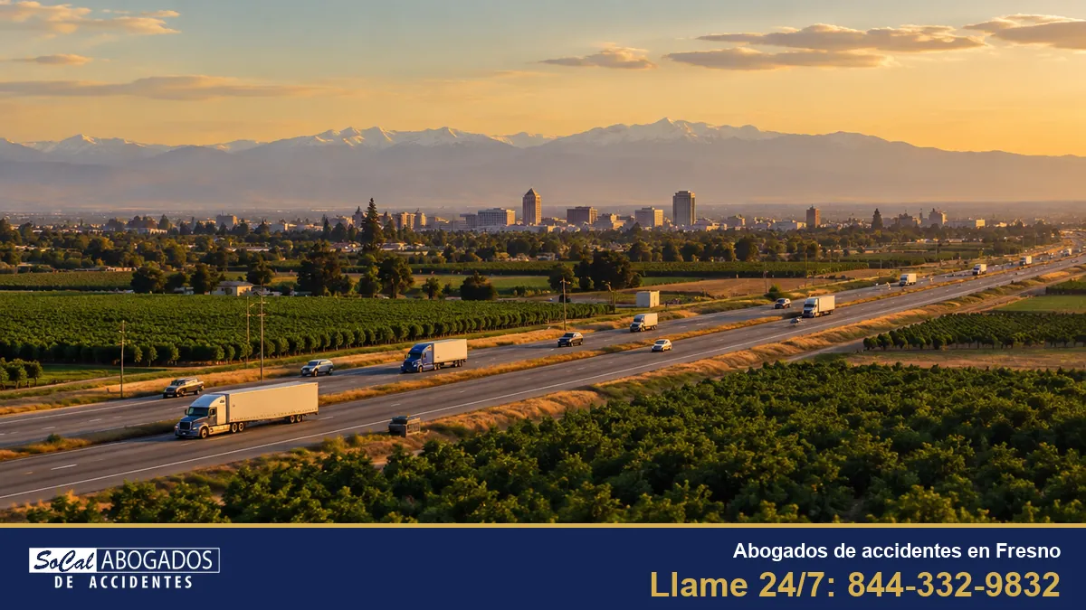 Abogados de accidentes en Fresno: la autopista 99 entre campos agrícolas, con el centro de Fresno al fondo