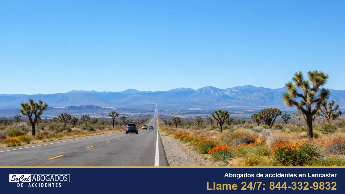 Abogados de accidentes en Lancaster: una carretera del Antelope Valley con árboles de Joshua, cerca de Lancaster