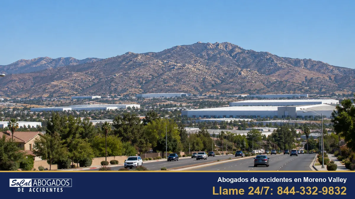 Abogados de accidentes en Moreno Valley: una avenida de Moreno Valley con bodegas y las montañas Box Springs al fondo