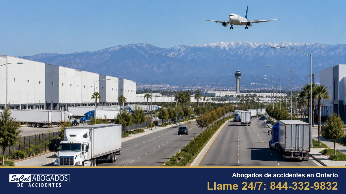 Abogados de accidentes en Ontario: bodegas y tráileres cerca del aeropuerto de Ontario, con las montañas San Gabriel al fondo