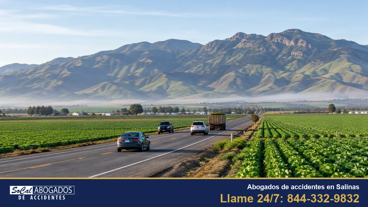 Abogados de accidentes en Salinas: una carretera entre campos de cultivo del Valle de Salinas