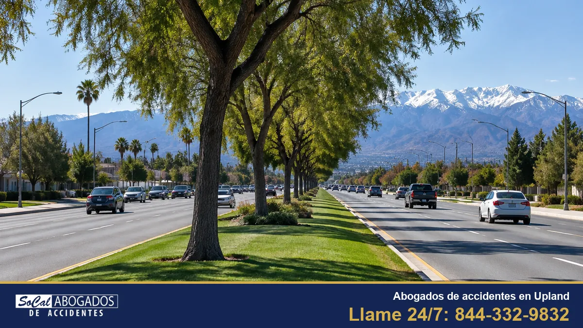 Abogados de accidentes en Upland: Euclid Avenue en Upland, con las montañas San Gabriel nevadas al fondo