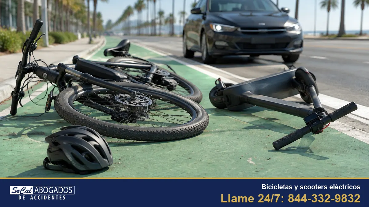 Una bicicleta eléctrica y un scooter eléctrico tirados en un carril de bicicletas verde del Sur de California después de un choque, con un casco en el pavimento