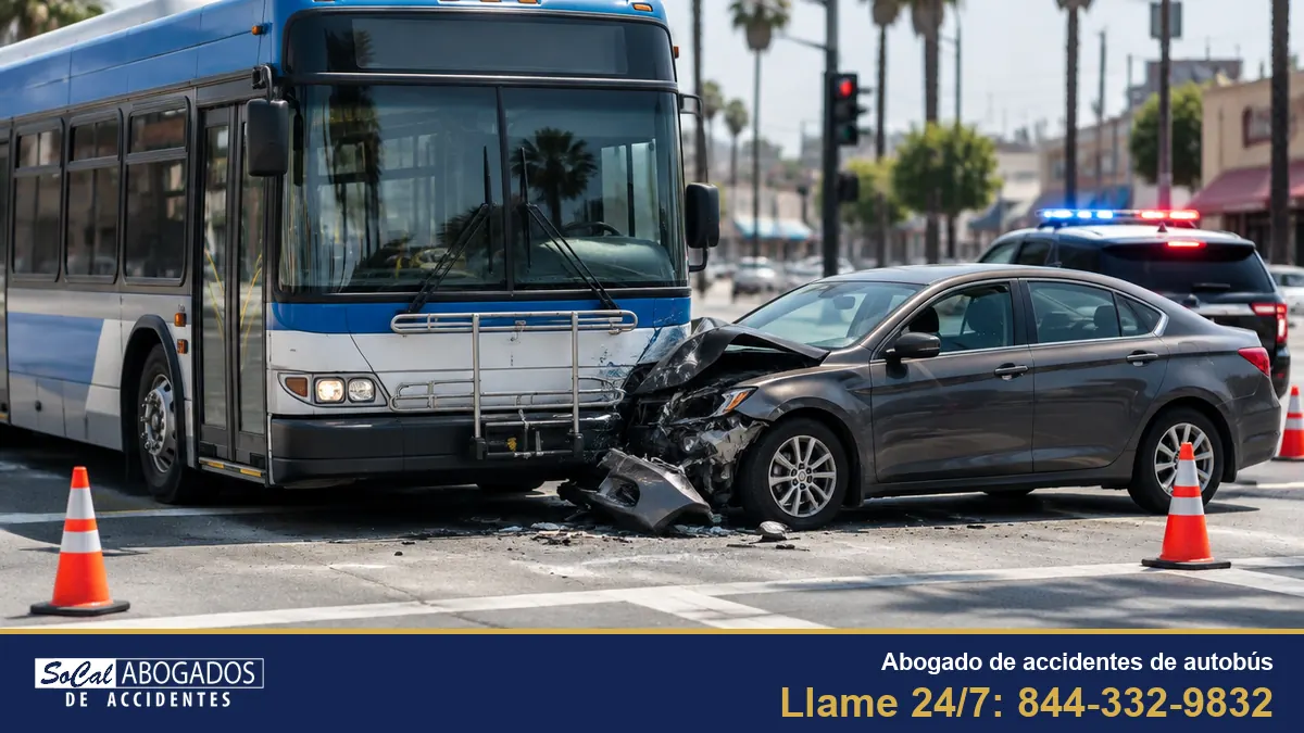 Autobús urbano detenido después de chocar con un carro en un cruce de Los Ángeles, con patrullas