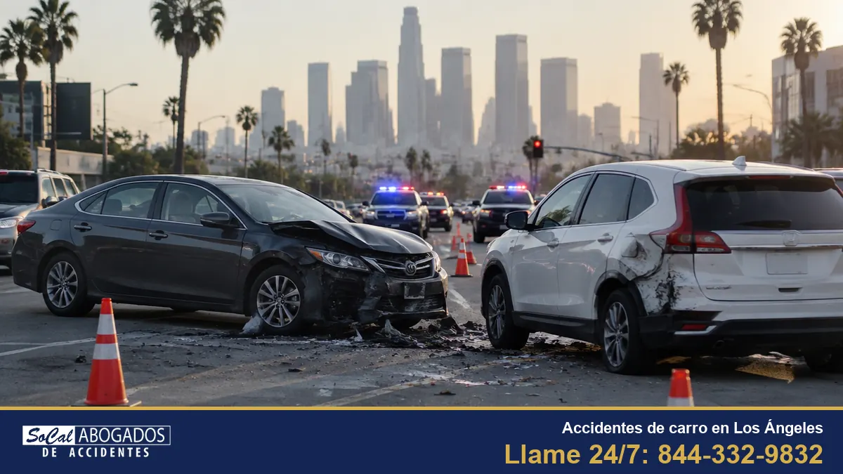 Choque de dos carros en un cruce de Los Ángeles con el centro de la ciudad al fondo