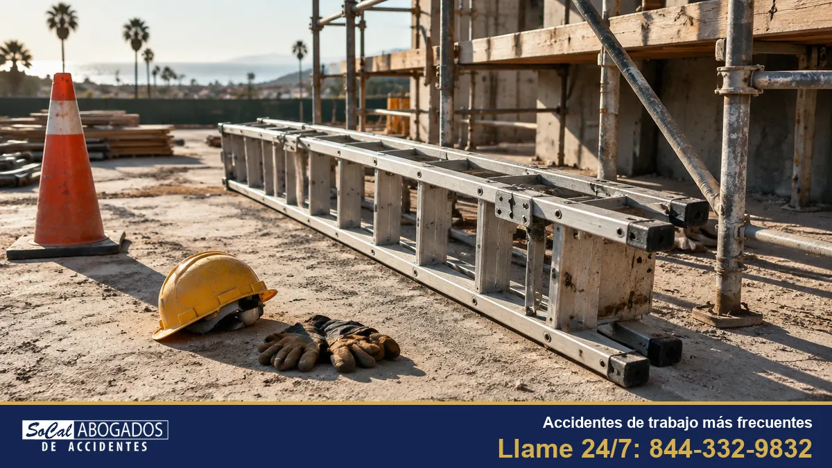 Escalera caída junto a un andamio en una obra del Sur de California, un accidente de trabajo común