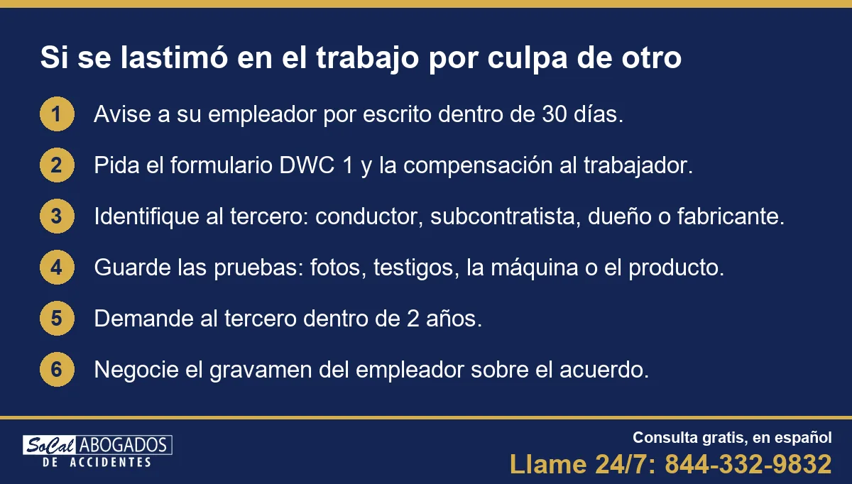 Pasos si se lastimó en el trabajo por culpa de un tercero: avisar al empleador en 30 días, compensación, identificar al tercero, pruebas, demanda en 2 años y negociar el gravamen