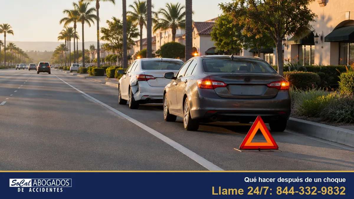 Dos carros detenidos en el acostamiento de un bulevar del Sur de California después de un choque, con las intermitentes prendidas