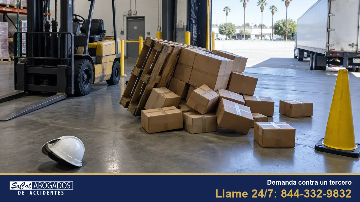 Muelle de carga de un almacén del Sur de California con una tarima de cajas volteada, un montacargas detenido y un casco en el piso
