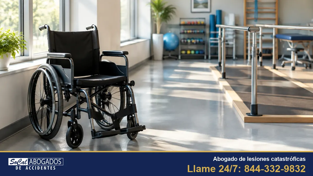 Silla de ruedas vacía junto a una ventana en un cuarto de rehabilitación con luz suave