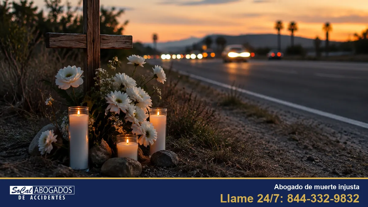Flores blancas y veladoras en un memorial a la orilla de una carretera del Sur de California al atardecer