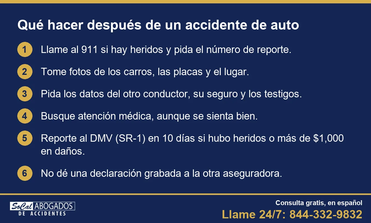 Lista de 6 pasos: qué hacer después de un accidente de auto en California