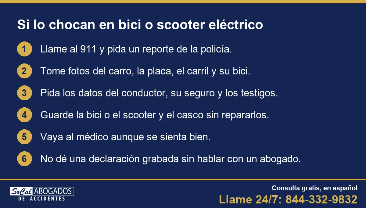 Si lo chocan en bicicleta o scooter eléctrico: llame al 911, tome fotos, pida datos y testigos, guarde la bici y el casco, vaya al médico y no dé declaración grabada